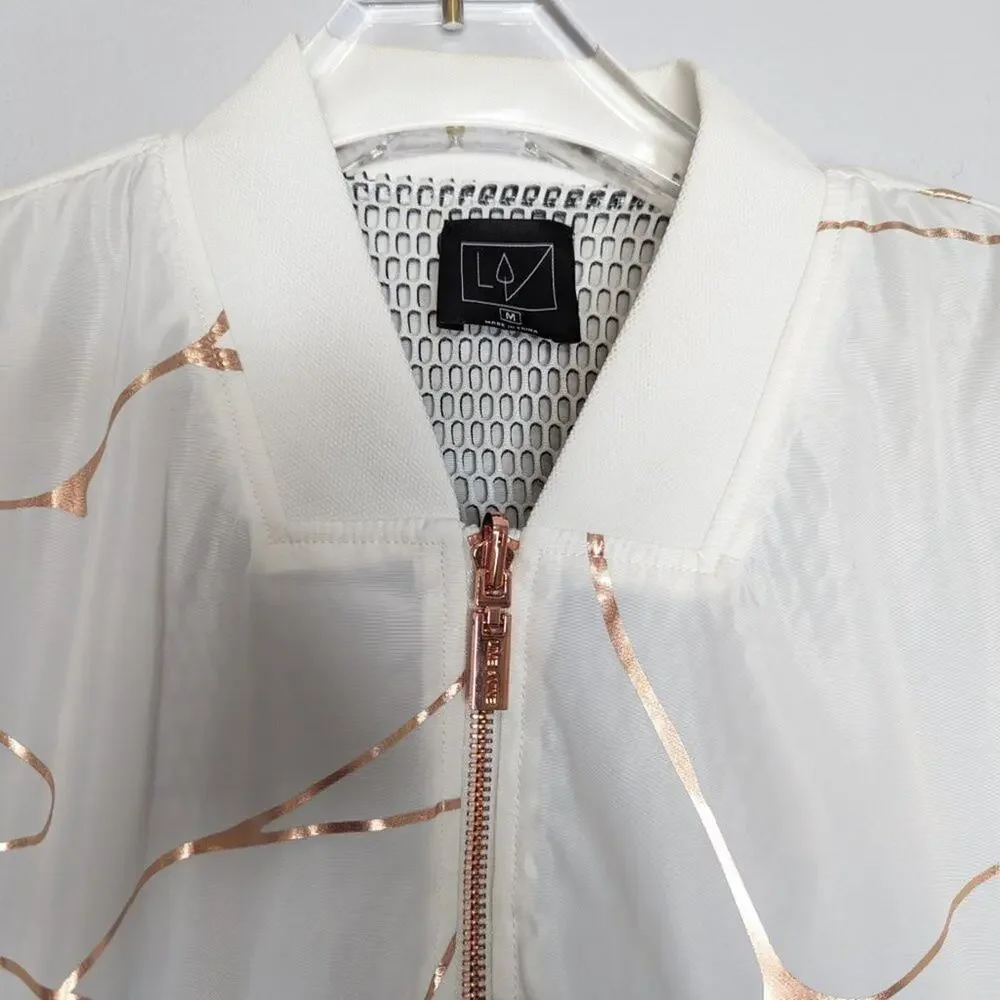Lime & Vine White Rose Gold Swirl Pattern Cropped Jacket Long Sleeve Zip Up M - Picture 10 of 12